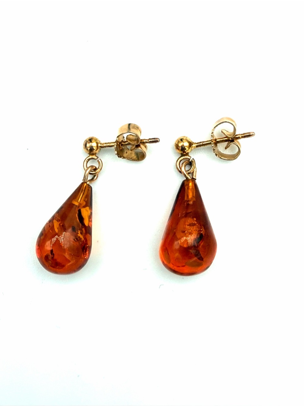 Baltic Amber Teardrop Dangle Stud Earrings - 14k Gold, Vintage, Cognac Amber